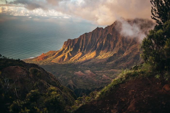 Mountain against an ocean backdrop in Hawaii