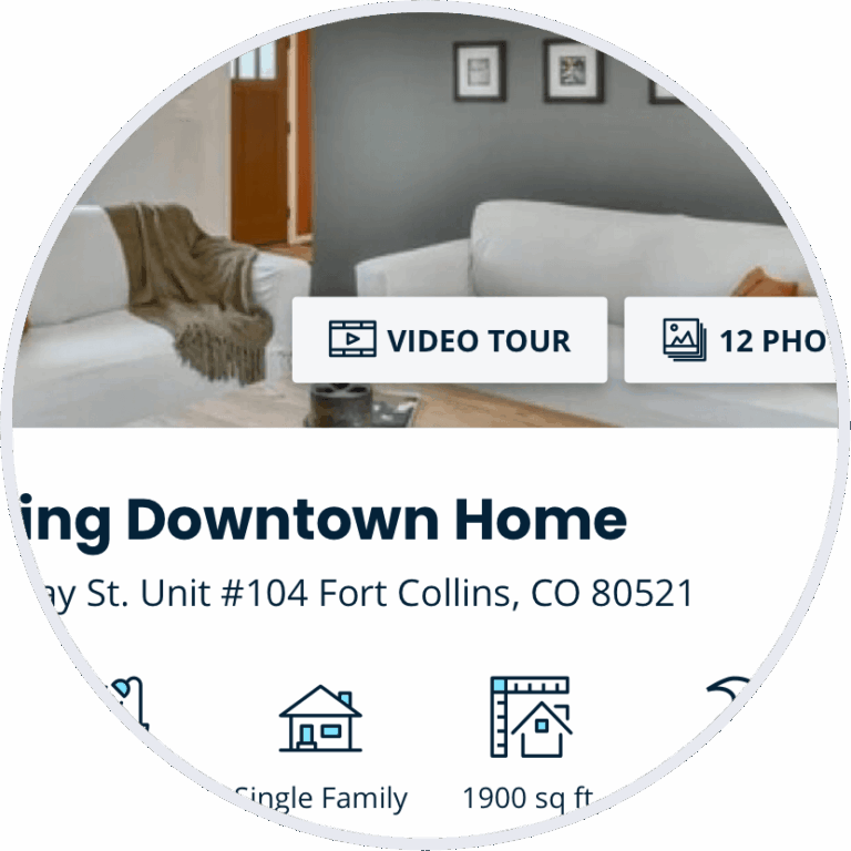 Rental listing page with video tour and photos buttons